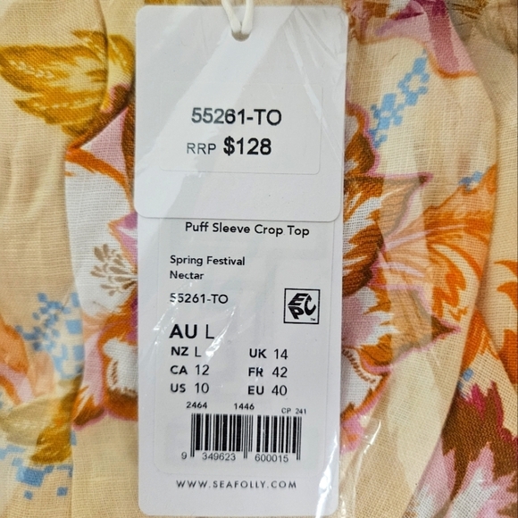 Seafolly Puff Sleeve Linen Crop Top in Peach Floral Size Large NWT - Picture 9 of 9